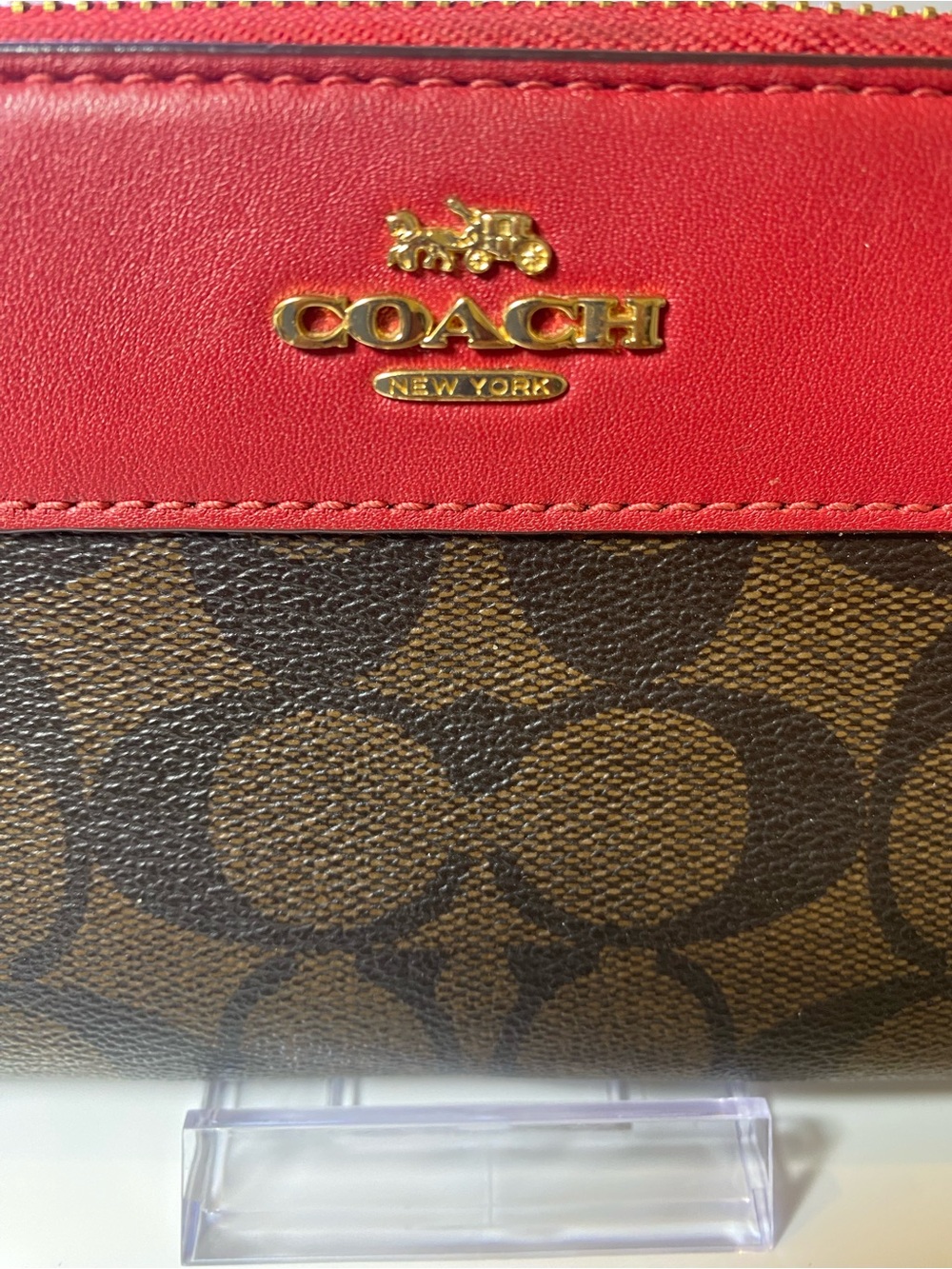 Coach Brown Signature Canvas Wallet with Red Trim - Picture 3 of 11
